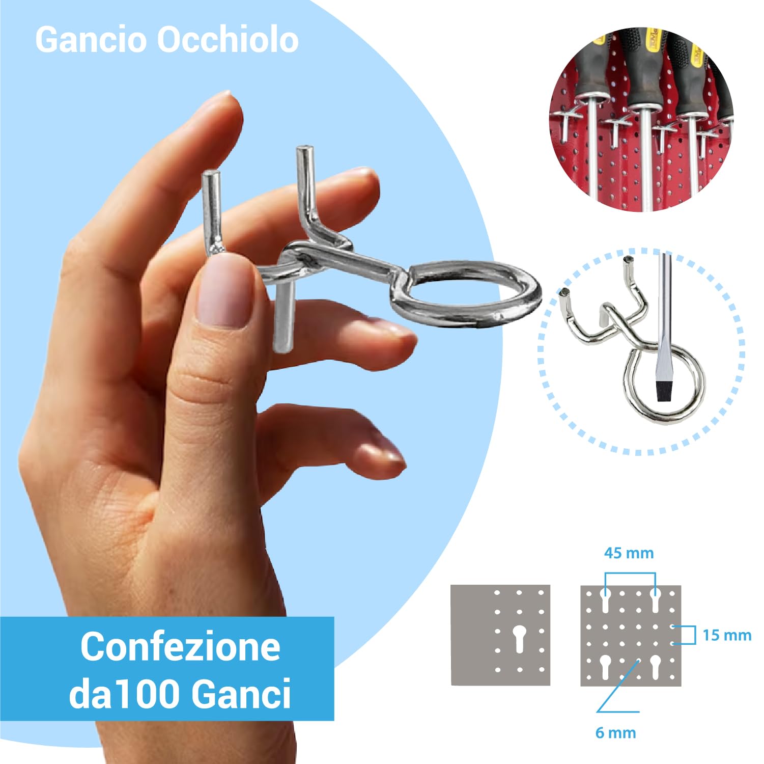 Crisalide® - Ganchos para paneles perforados para herramientas, plástico o hierro galvanizado, paquete de 100 unidades - Resistentes y fáciles de instalar - Fijación segura (gancho de ojo galvanizado)