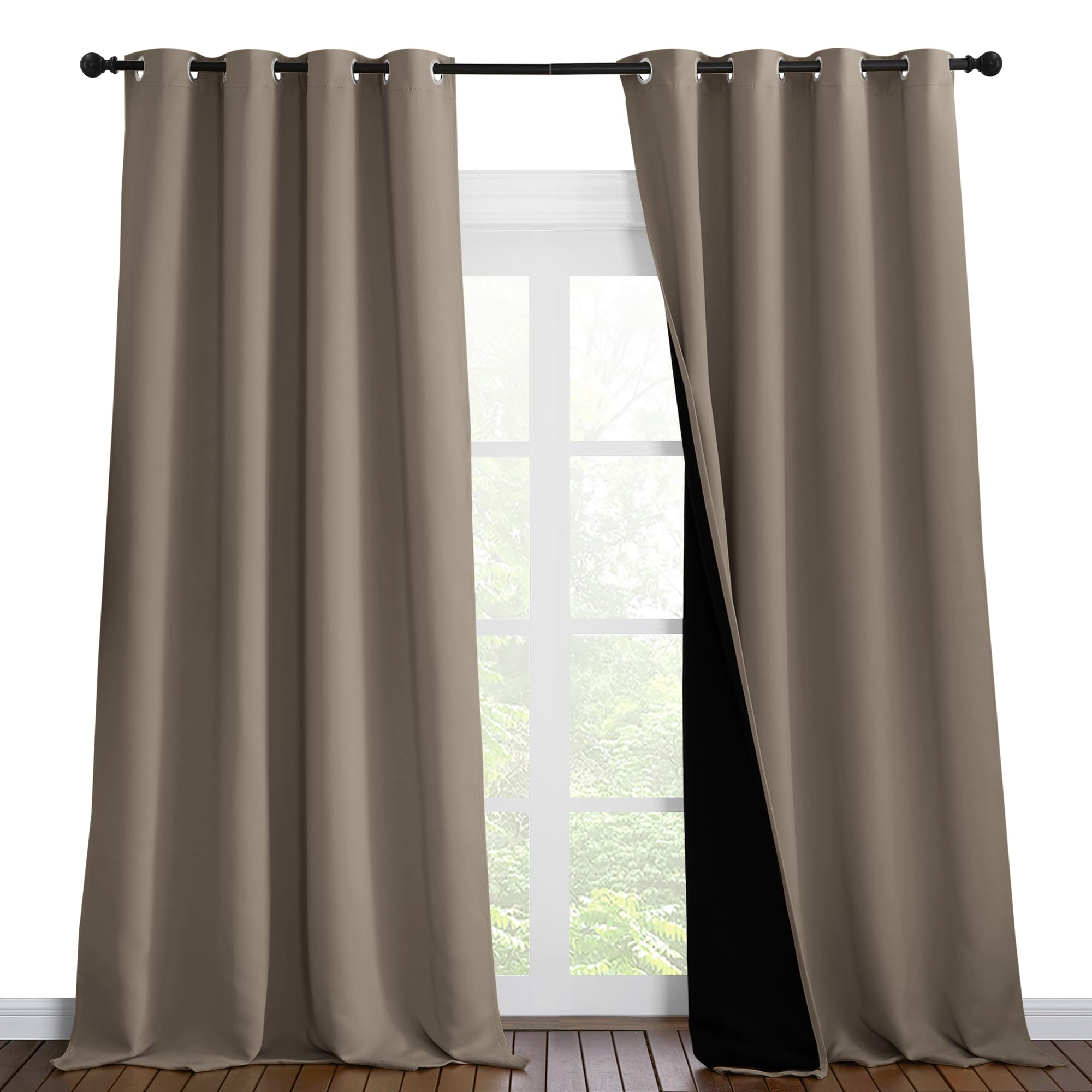 NICETOWN 100% Blackout Blinds, Set of 2, 52 inches x 102 inches, Laundry Room Decor Window Treatment Curtains for Large Patio Sliding Door, Thermal Insulated Taupe Curtains for Bedroom
