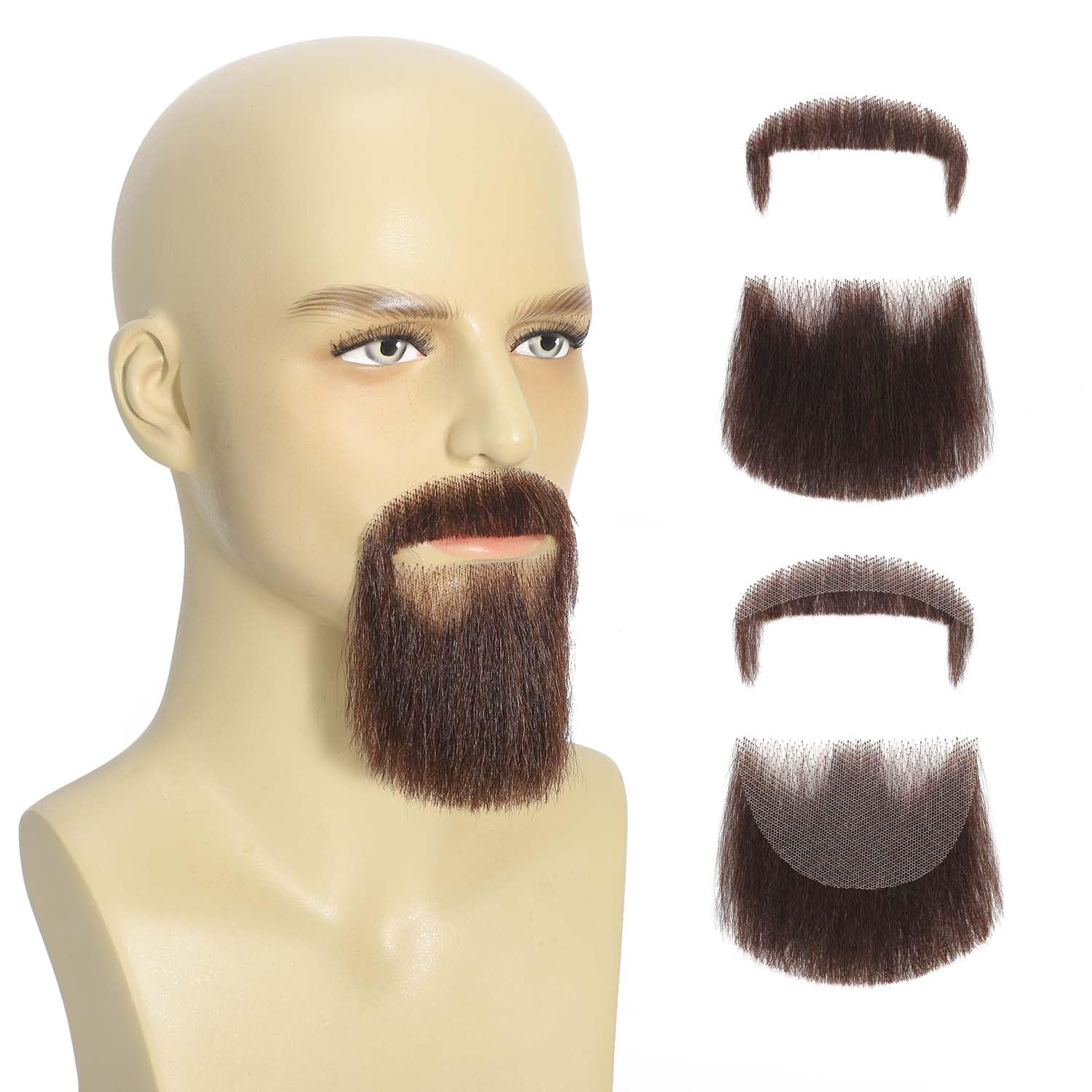 Parceria Fake Mustache Realistic Beard, Human Hair Full Hand Tied Lace Invisible Facial Hair, Natural Looking Fake Beard Goatee for Men's Cosplay,