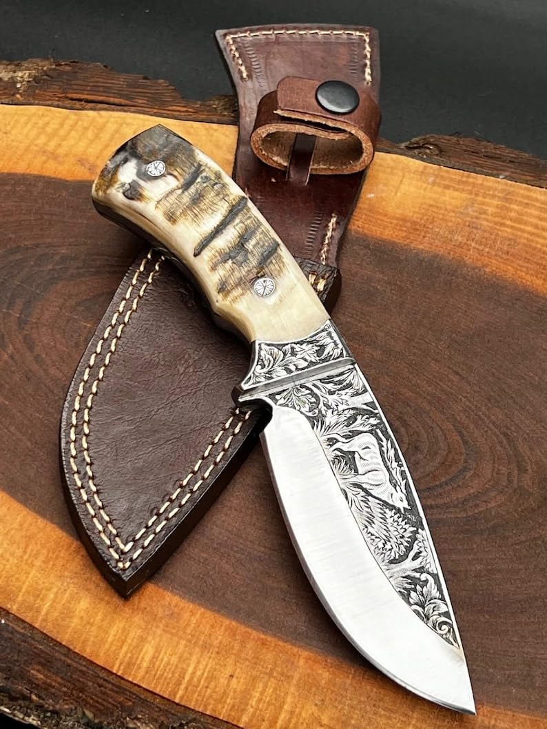 Custom Hand Engraved Knife With Ram Horn Handle Skinner knife Hunting knife