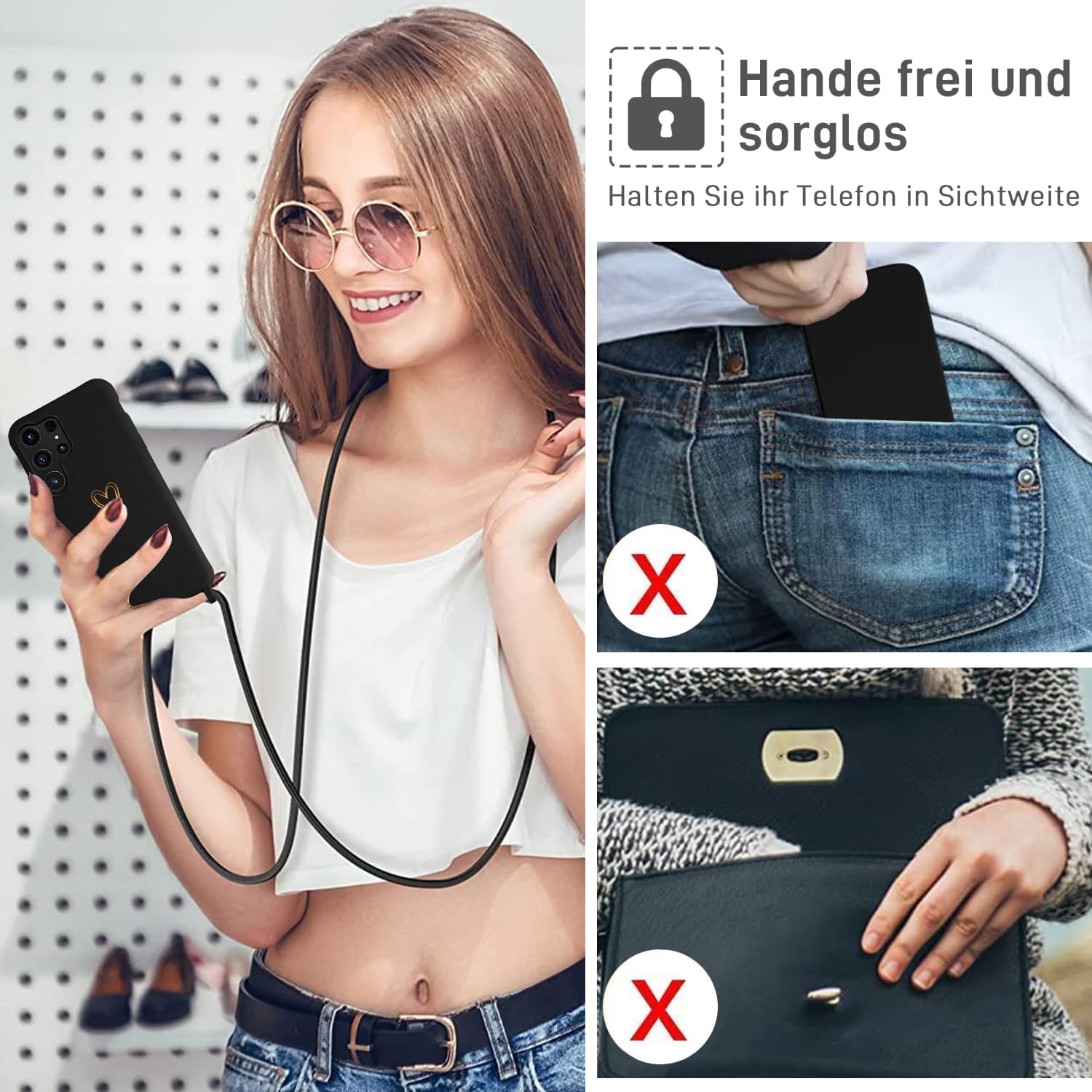 Pasek na telefon komórkowy Samsung Galaxy S24 Ultra, etui z paskiem, złote serce, cienkie, odporne na uderzenia etui ochronne, ze zdejmowanym sznurkiem do zawieszenia, płynne etui na telefon