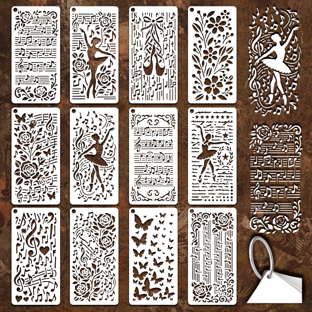 GOMAKERER 12 Sheets Musical Note Stencils for Painting, 12 Styles Musical Note Butterfly Flower Leaf Dancer Drawing Templates Plastic Art Templates for Painting on Wall Wood Home Decor โ image 1