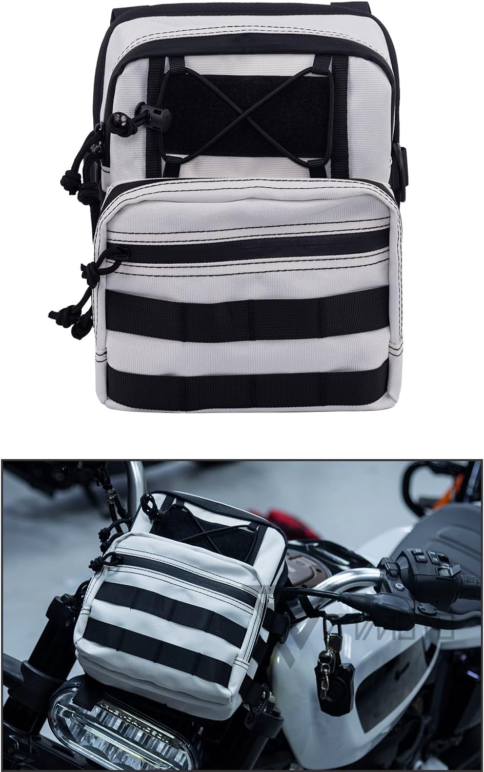 Motorcycle Universal Club Style Utility Molle Traveller Bar Handlebar T-Bar Bag Handle Bags, Fit For Harley Dyna Street Bob Softail Sportster, Tool Pouch Trunk Storage Bag, White Sand Pearl