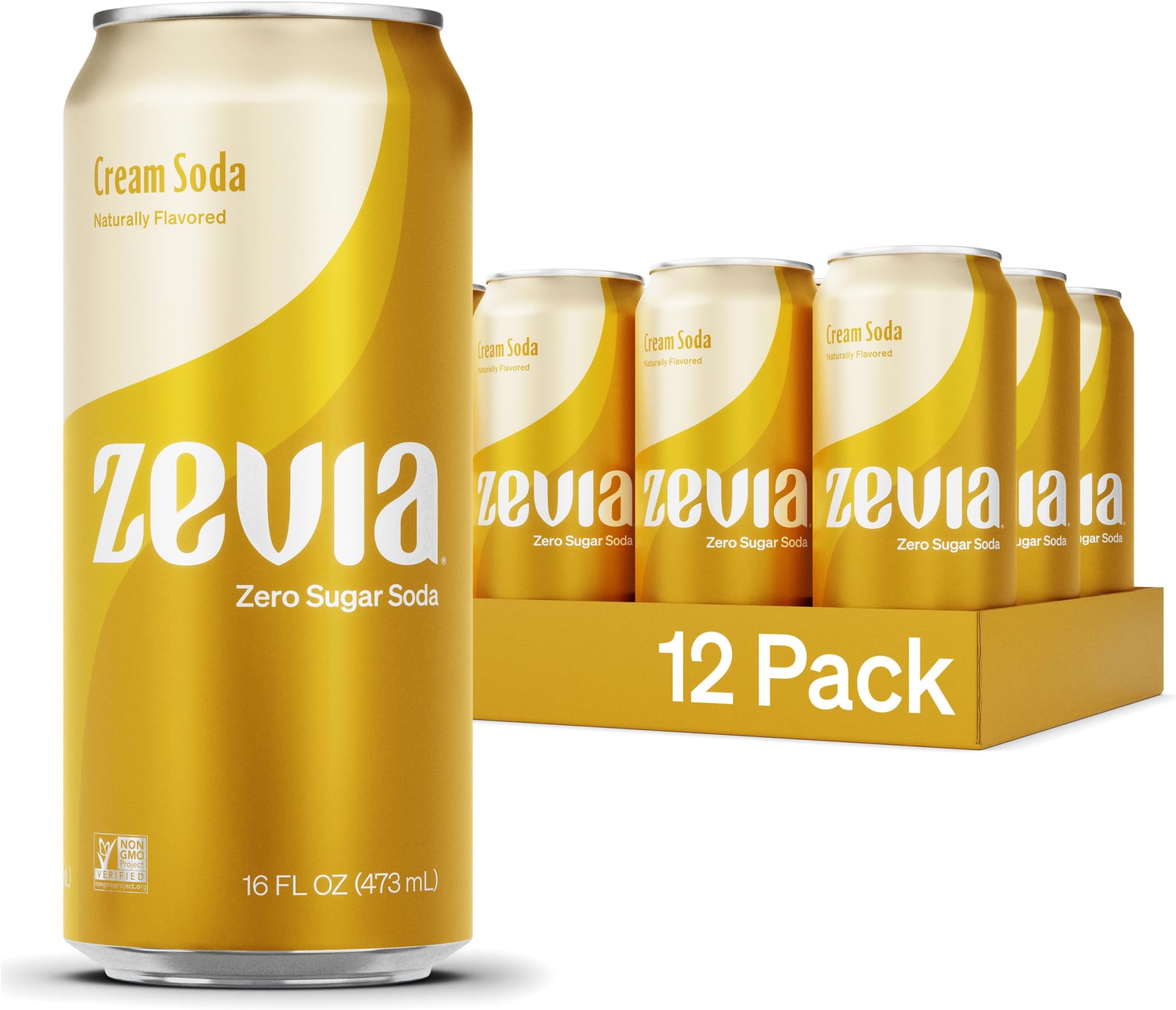Zevia Zero Sugar Soda, Cream Soda, 16 oz Cans (12-Pack) – Naturally Sweetened, Non-GMO Project Verified, Gluten-Free, Vegan