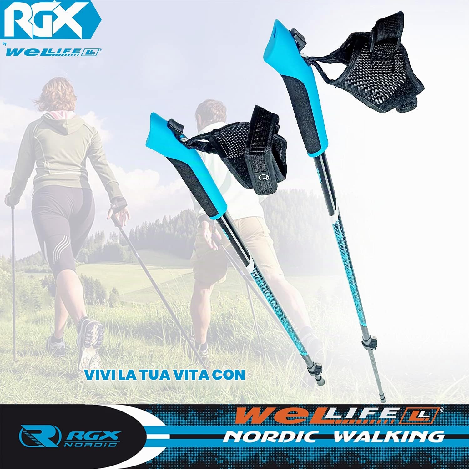 WeLLIFE |Bastoncini Nordic Walking in Alluminio| Polsino con Sgancio Rapido CLICK and GO per Nordic Walking, Escursionismo e Trekking
