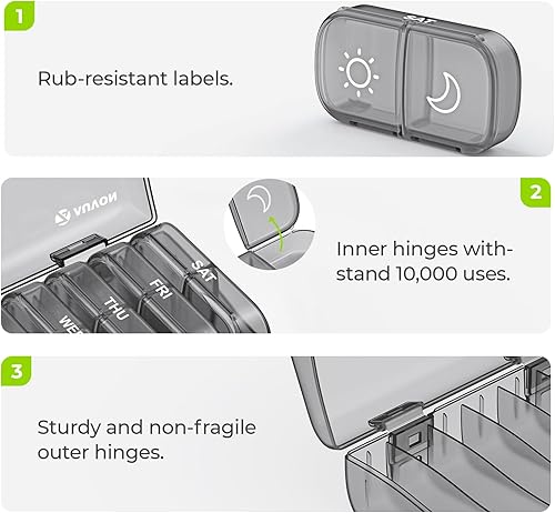 Vista 25 de AUVON - Pastillero semanal XL para 2 veces al día, pastillero de 7 días con gran abertura a un lado para rellenar fácilmente, pastillero para Negro