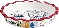 SAGOSKAT 9 Inch Ceramic Deep Dish Pie Pan - Red Floral Hand-Painted Nonstick Pie Plate, Oven Safe Baking Dish