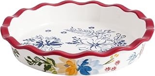 SAGOSKAT 9 Inch Ceramic Deep Dish Pie Pan - Red Floral Hand-Painted Nonstick Pie Plate, Oven Safe Baking Dish