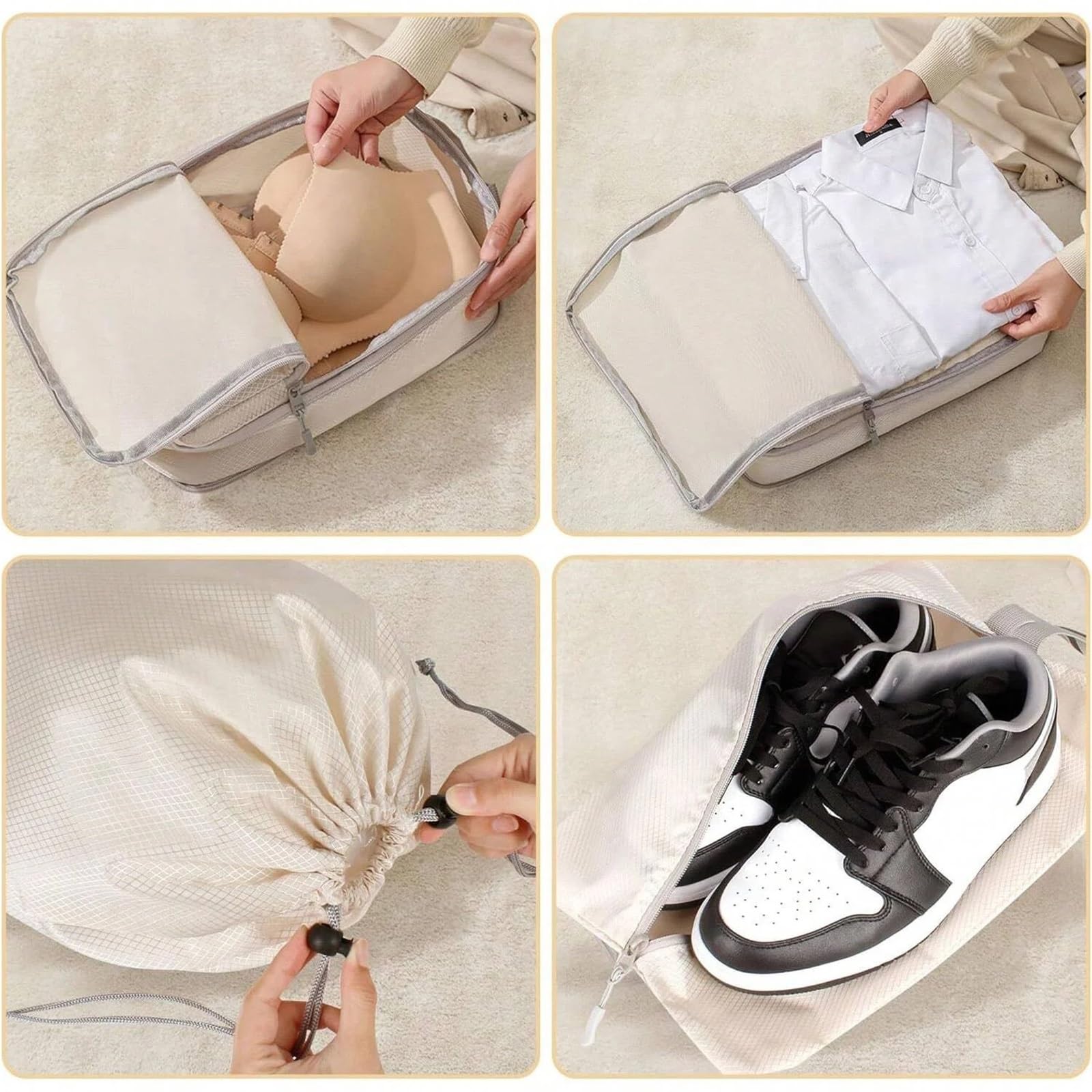 6 pezzi di cubi comprimibili for riporre gli oggetti da viaggio, impermeabili, in nylon, portatili, con organizer for borse e bagagli Organizer per valigie(6 pcs beige)