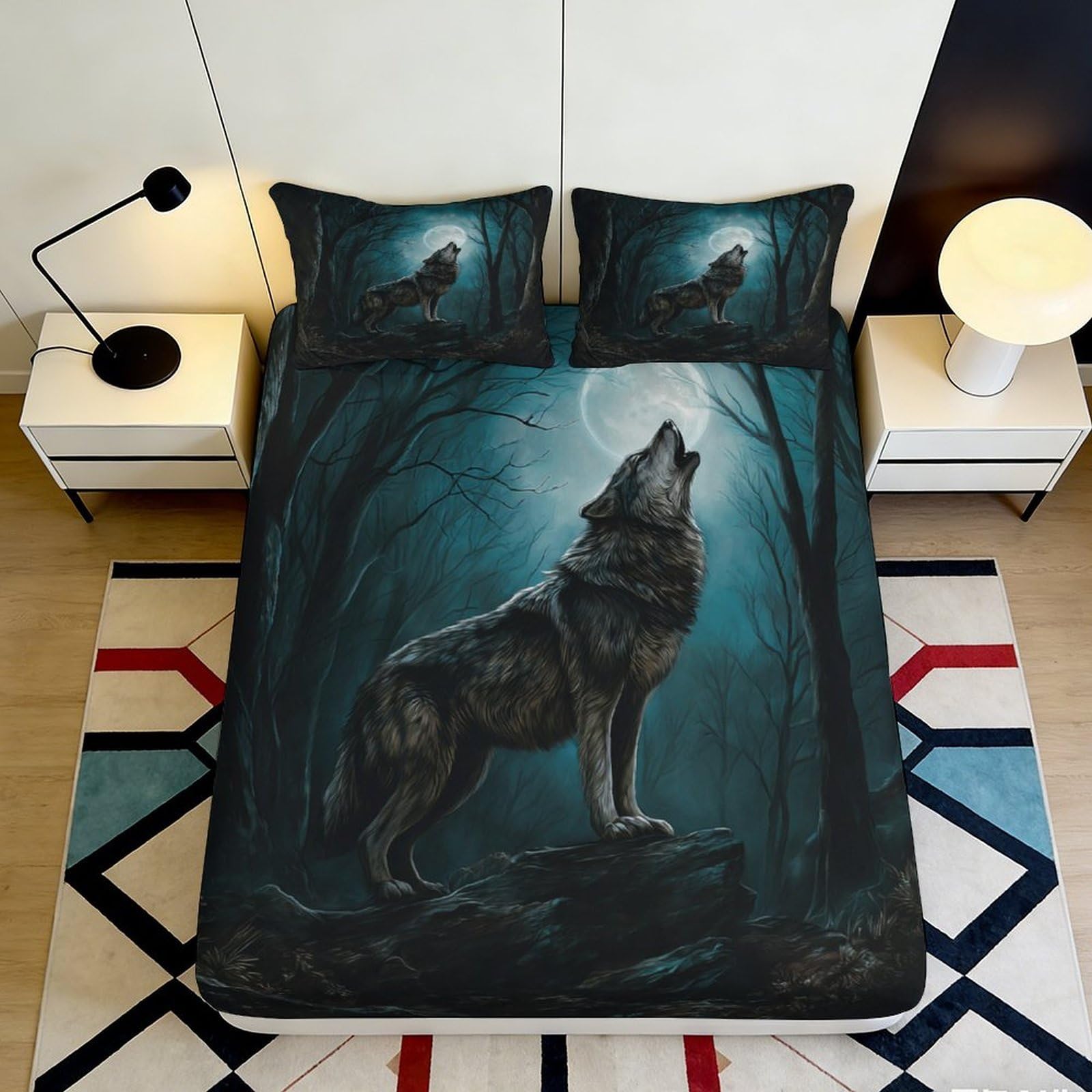 3D Printed Moonlit Wolf Fitted Sheet Microfiber Soft Non-slip Forest Night Mattress Cover Bedroom Decor 90x200x25cm