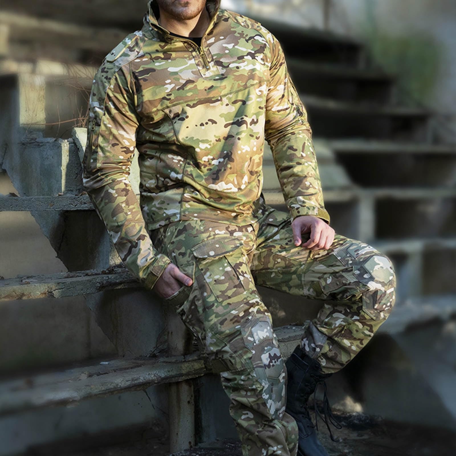 Conjunto de Uniforme de Camuflaje Ruso: Camisa y Pantalones con Rodilleras | Suave y transpirable, Comodidad elástica flexible, Puños ajustables, Entrenamiento al aire libre, Airsoft