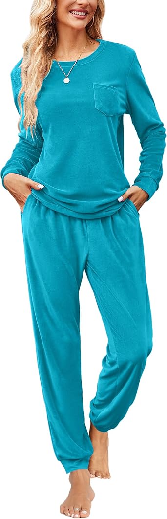 Ekouaer Womens Pajamas Sets Long Sleeve Soft Sleepwear 2 Piece Velvet Pjs Lounge Sets with Pockets