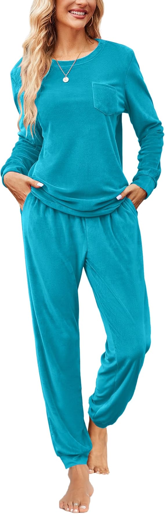 Ekouaer Womens Pajamas Sets Long Sleeve Soft Sleepwear 2 Piece Velvet Pjs Lounge Sets with Pockets