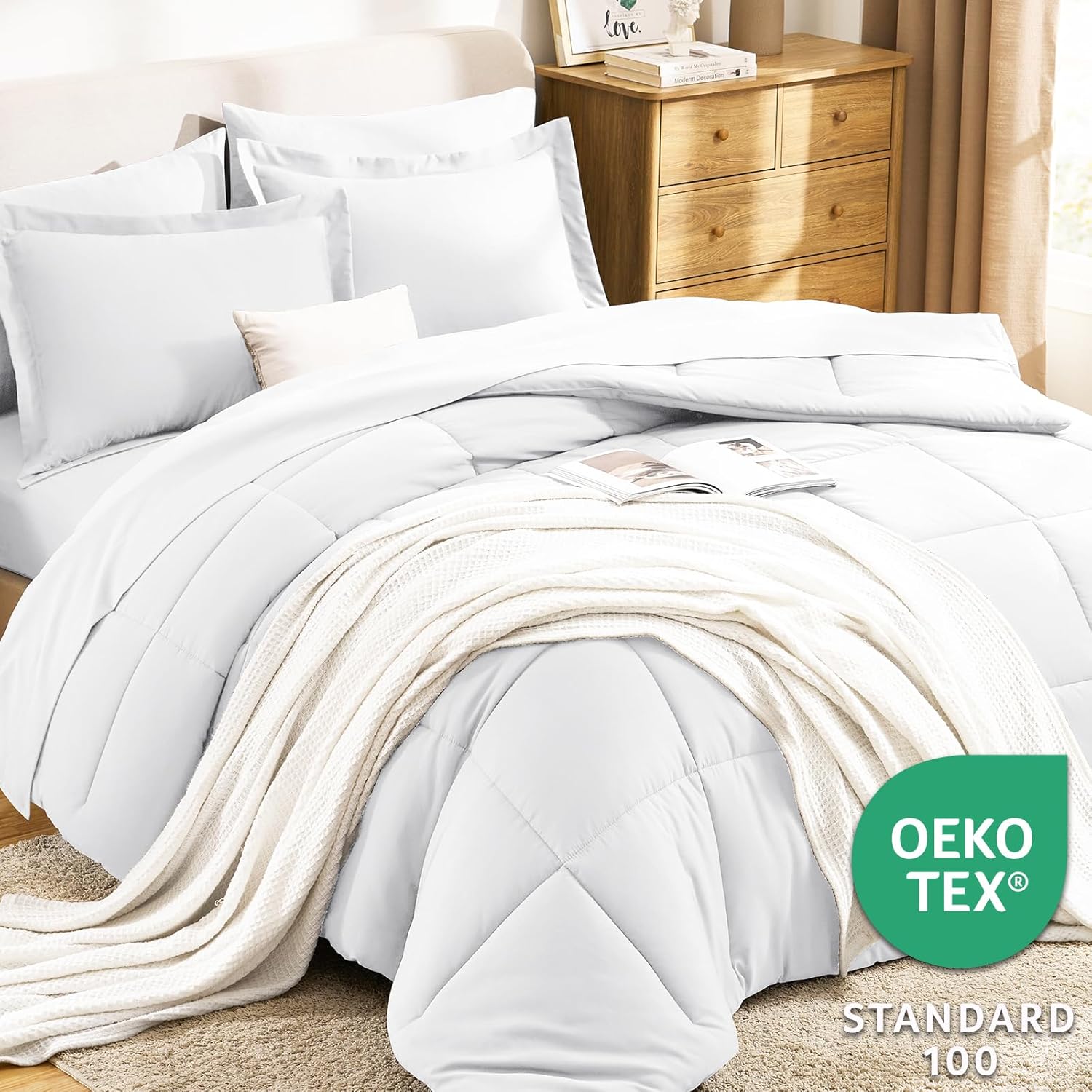 CozyLux Queen Comforter Set White - 7 Pieces Bed in a Bag Queen, All Season Breathable Bedding Sets, Oeko-Tex Certified Bed Set with Down Alternative Comforter, Sheets, Pillowcases & Pillow Shams