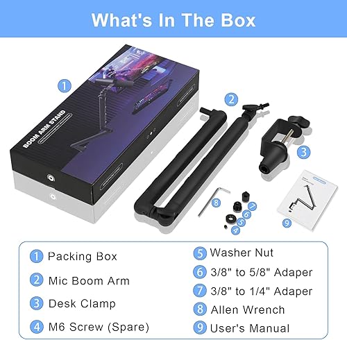 Miniatura 4 de Brazo de micrófono de perfil bajo, brazo de micrófono ajustable giratorio de 360 de metal premium con abrazadera de montaje de escritorio, gestión