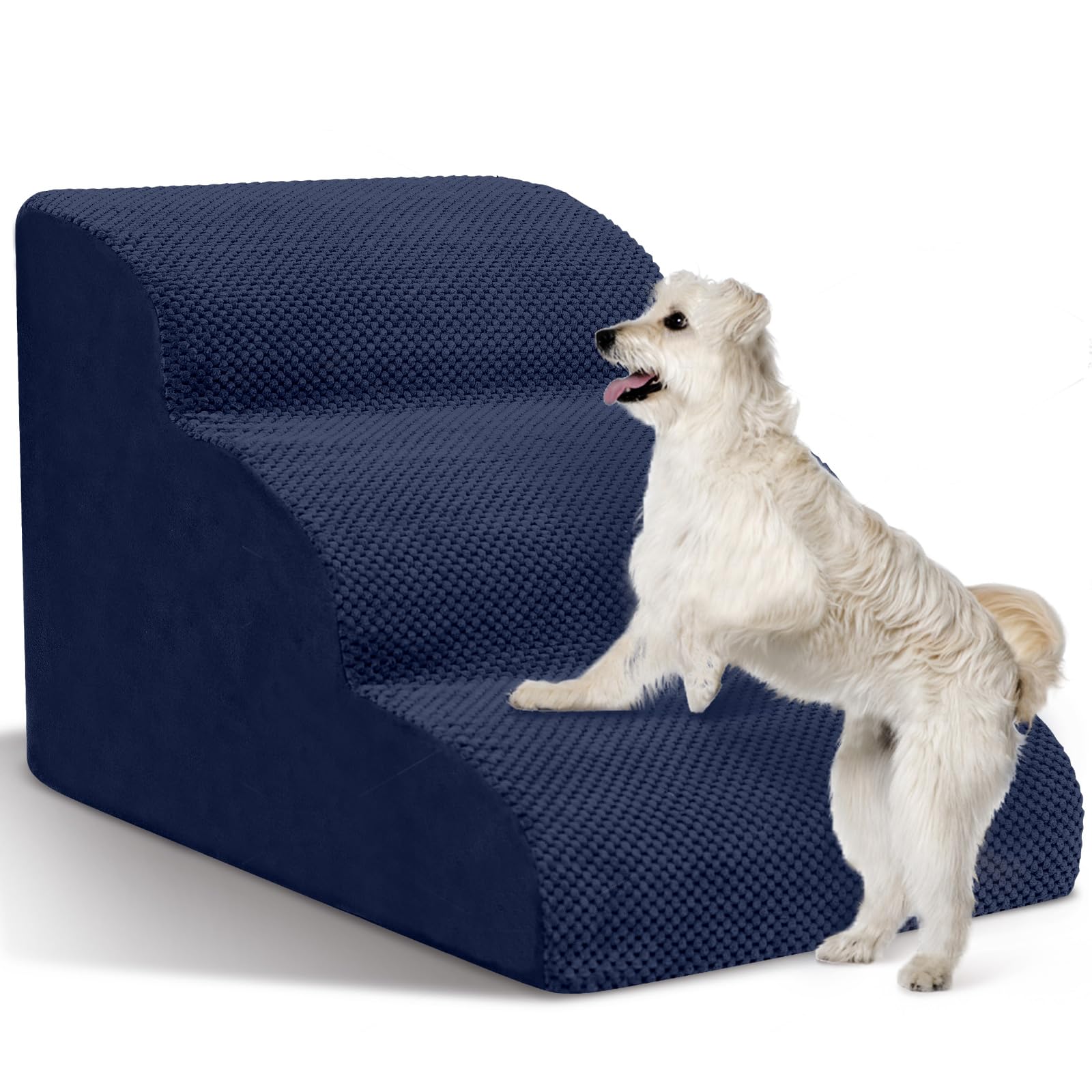 Dog Stairs for Small Dogs - High Density Foam Pet Steps, Extra Wide Dog Ramp with Non-Slip Bottom for High Beds, Couch and Sofa, Best for Dogs Injured, Older Doggy Cats, 3 Steps, Navy