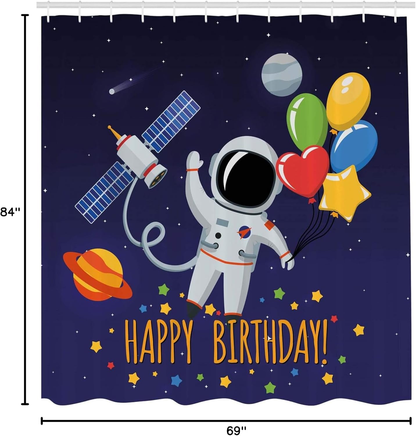 Ambesonne Birthday Shower Curtain, Space Lover Theme Astronaut with Party Balloons on Blue Colored Background, Cloth Fabric Bathroom Decor Set with Hooks, 69" W x 84" L, Space Purple