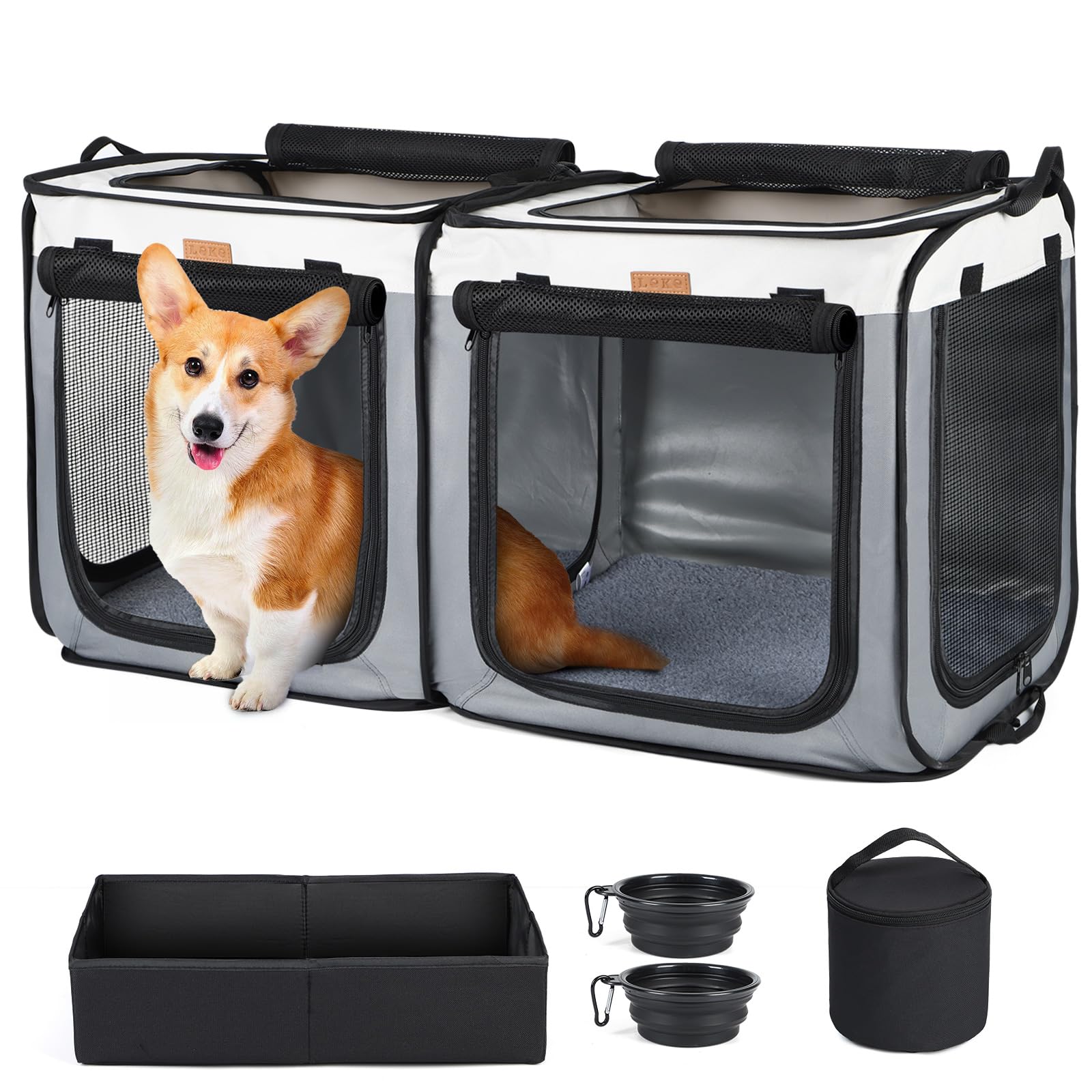 LekeboborDog Playpen, Dog Tent Crates Cage Indoor/Outdoor, Portable Pop Up Dog Kennel Playpen with Zipper Top/Side Cover Door,Puppy Dog/Cat Indoor Outdoor Travel Camping Use,Grey