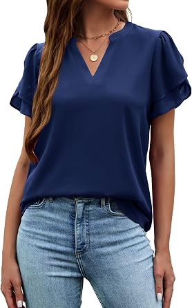 Halife Womens Summer Tops Ruffle Petal Short Sleeve V Neck Business Dressy Casual Work Blouses Shirts