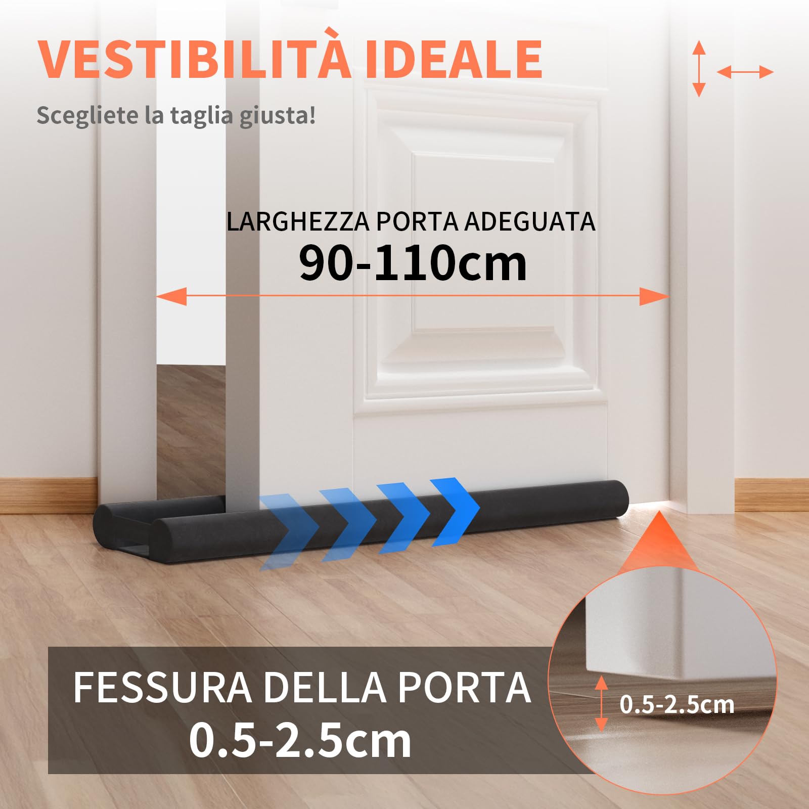 BKSAI Paraspifferi per Porte Paraspifferi Sottoporta | Senza Residui, 90–110 cm, protezione dal freddo, protezione acustica, guarnizione inferiore della porta
