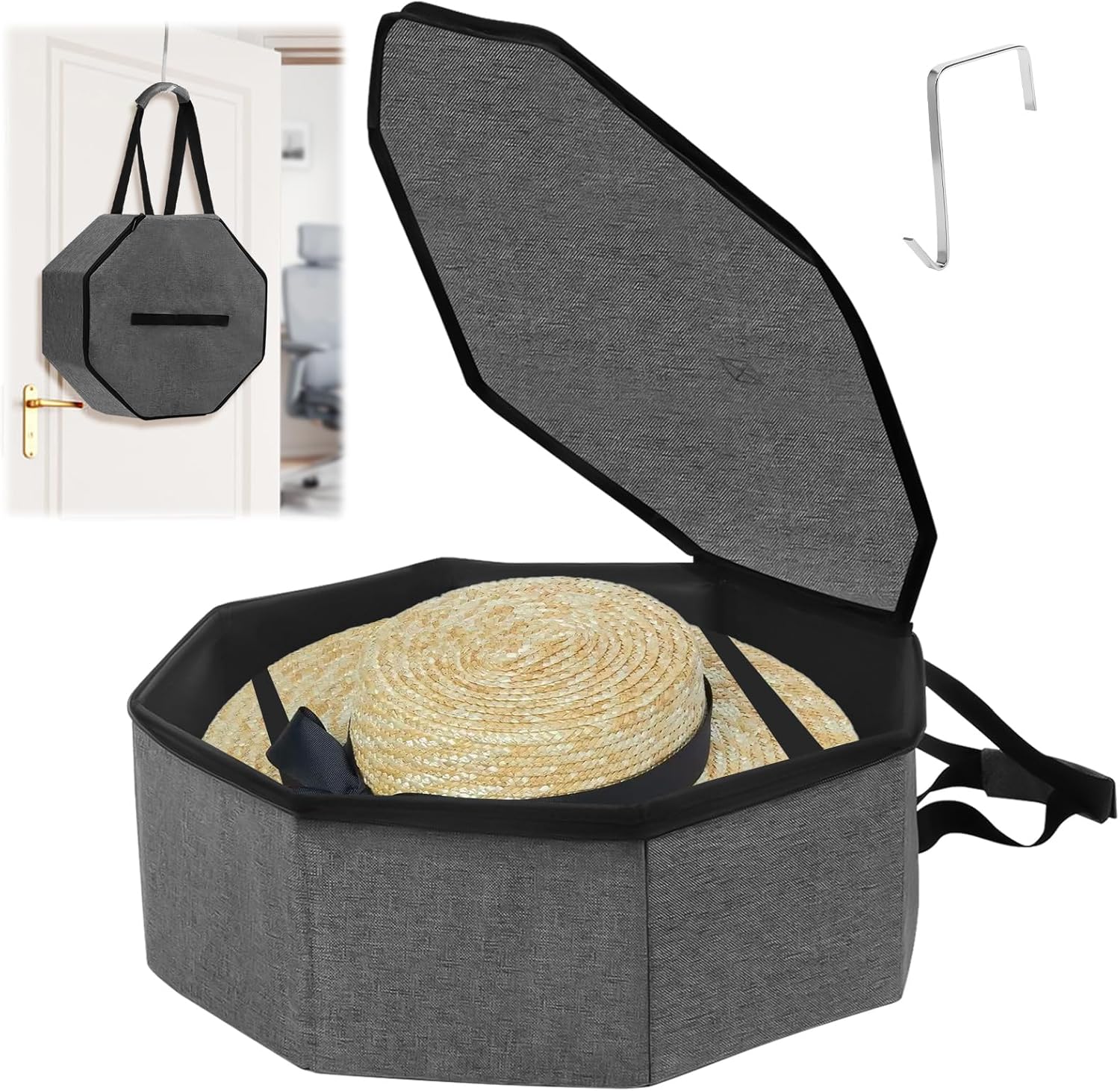 Les-Theresa 17x7In Large Hat Box Boxes Storage with Lids and Shoulder Strap Storage Box Case Foldable Beach Bag Hat Carrier Bag for Travel Closet or Travel (Grey)