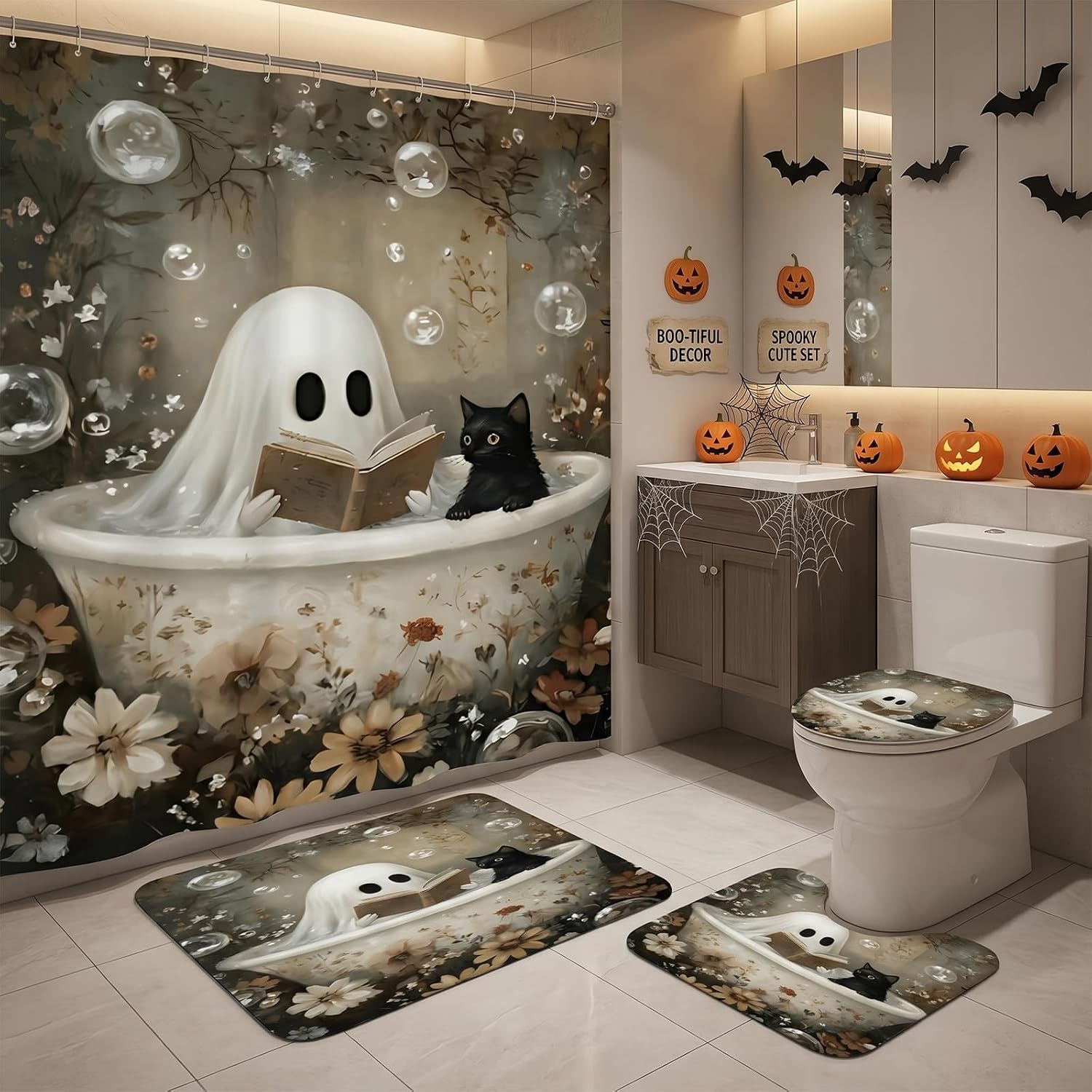Halloween Ghost Shower Curtain Set, 4PCS Ghost and Black Cat Bathroom Curtain Bath Mat Toilet Lid Cover and U-Shaped Mat, Horror Funny Spooky Bathroom Decor Accessories Set