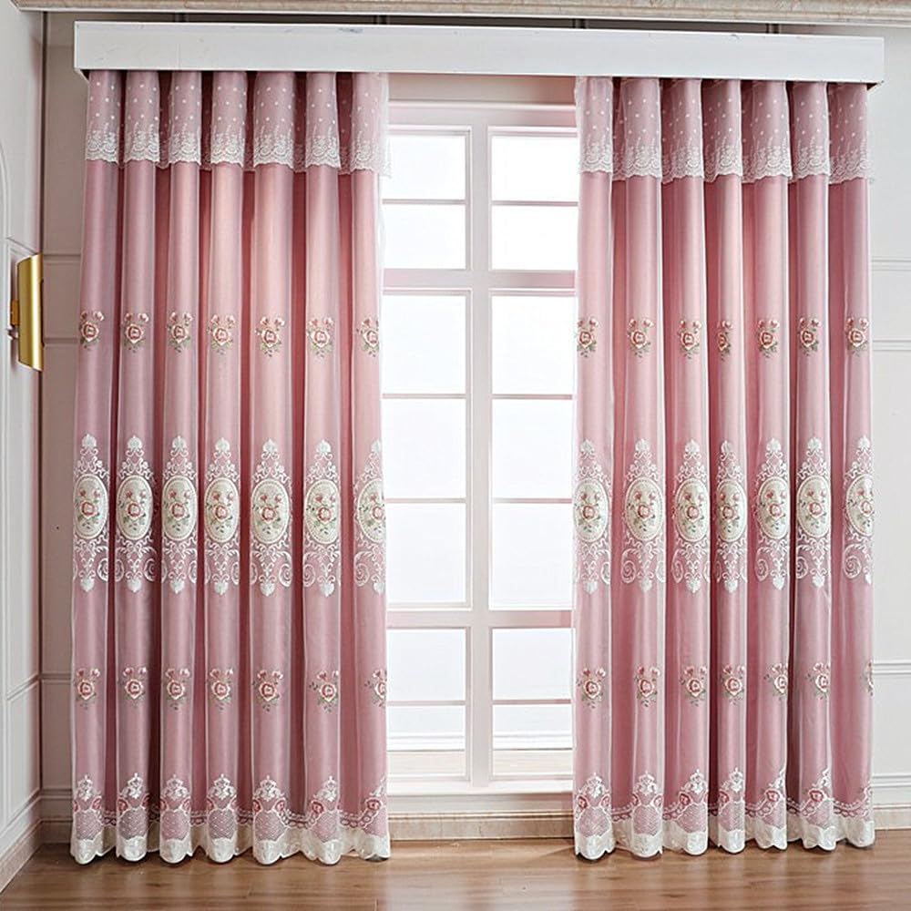 Condition photo showing New/Like New for Amidoudou 1 Pair European Double Layer Curtains with Valance for Living Room Bedroom Floral Embroidered Curtains (Pink,51x96 Inch)