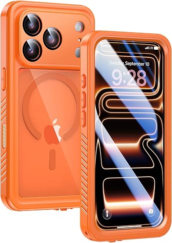 Lanhiem Magnetic for iPhone 17 Pro Max Case Waterproof, Built in Screen Protector & Camera Protection, [Compatible with MagSafe] Full Body Dustproof Heavy Duty Rugged Phone Case 6.9 Orange/Clear