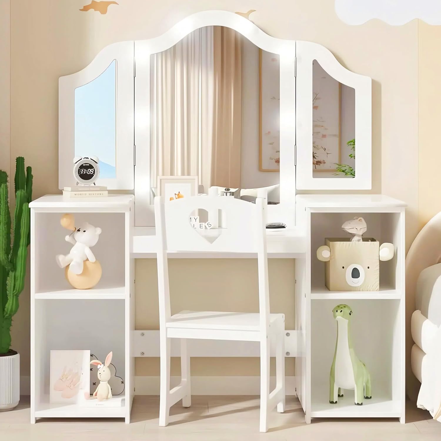 Kids Vanity Table and Chair Set, Girls Vanity Set with Princess Makeup Desk & Stool, Touch Light Tri-Folding Mirror Wooden Kid Makeup Dressing Table with Storage Shelves for Bedroom, White