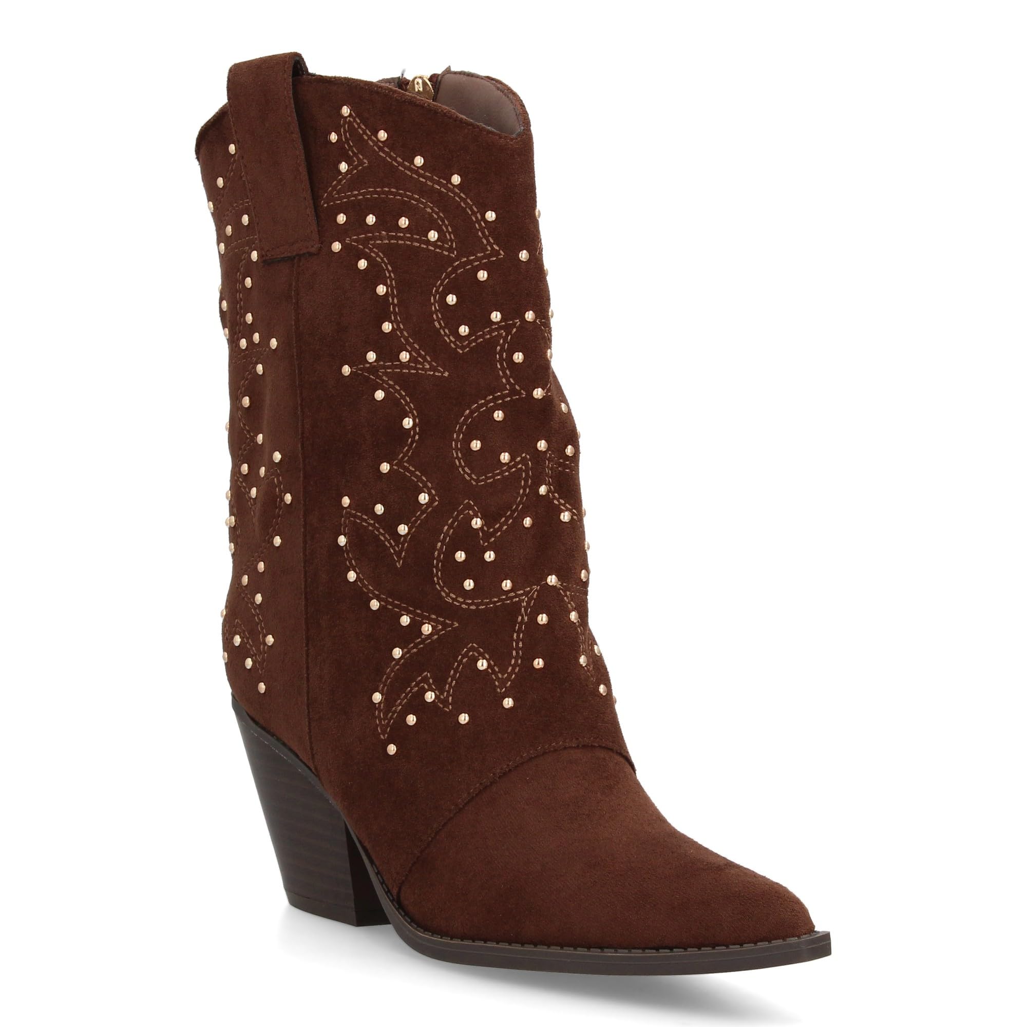Bota Cowboy para Mujer con Diseno de Cana Media con Tachuelas metalicas. Punta Fina y Tacon Cubano. Tirador Lateral y Cierre de Cremallera. Ideal Otono Invierno.