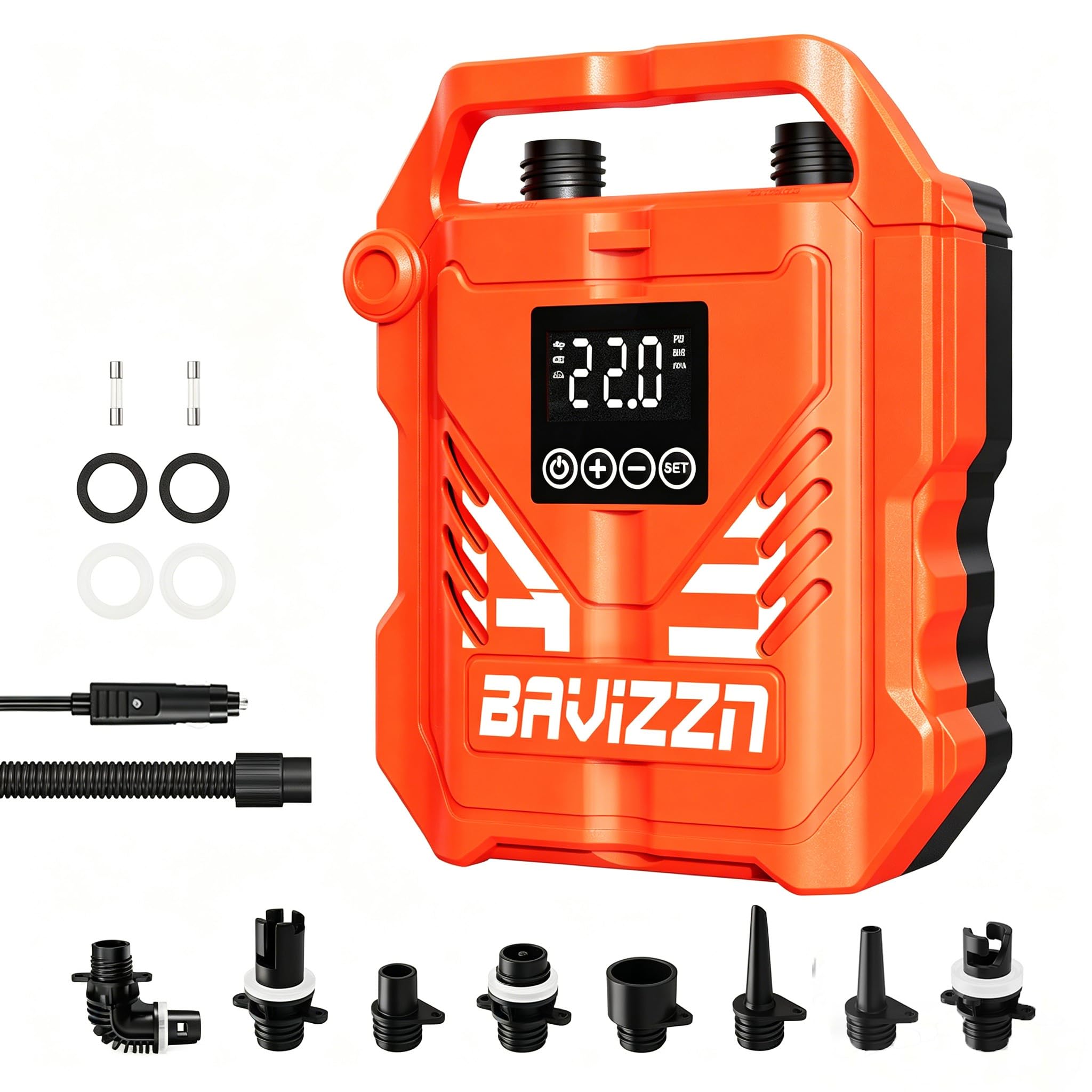 BAVIZZN 22PSI Paddle Board Pump Electric, 12V DC Car Powered SUP Pump with Dual Stage Inflation, Portable Air Pump for Inflatable Paddleboards, Boats, Mattresses & Water Sports Inflatables