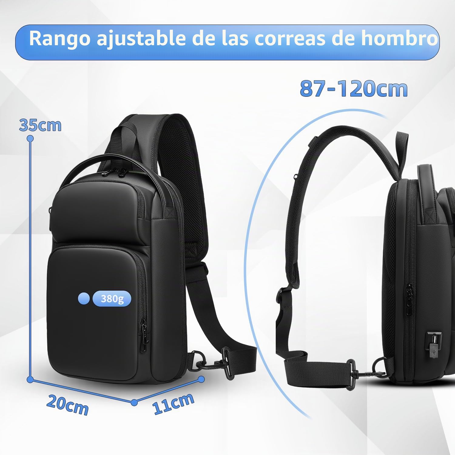 Bandolera Hombre Bolso Cruzado Impermeable Mochila Pequeña con USB para Deporte Oficina Universidad-Negro