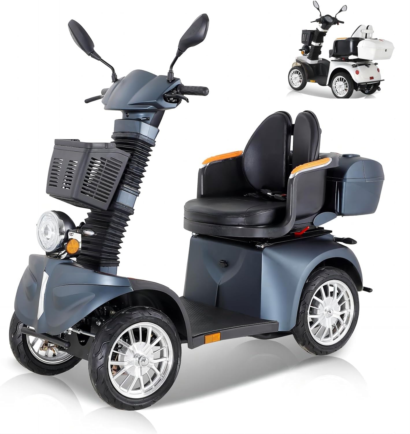 Scooter eléctrico pesado para adultos, con espacio de almacenamiento y maleta bloqueable, asiento giratorio de 360 °, batería 60v 20ah, viaje todo terreno, luces delanteras y traseras (DJ(x) negro)