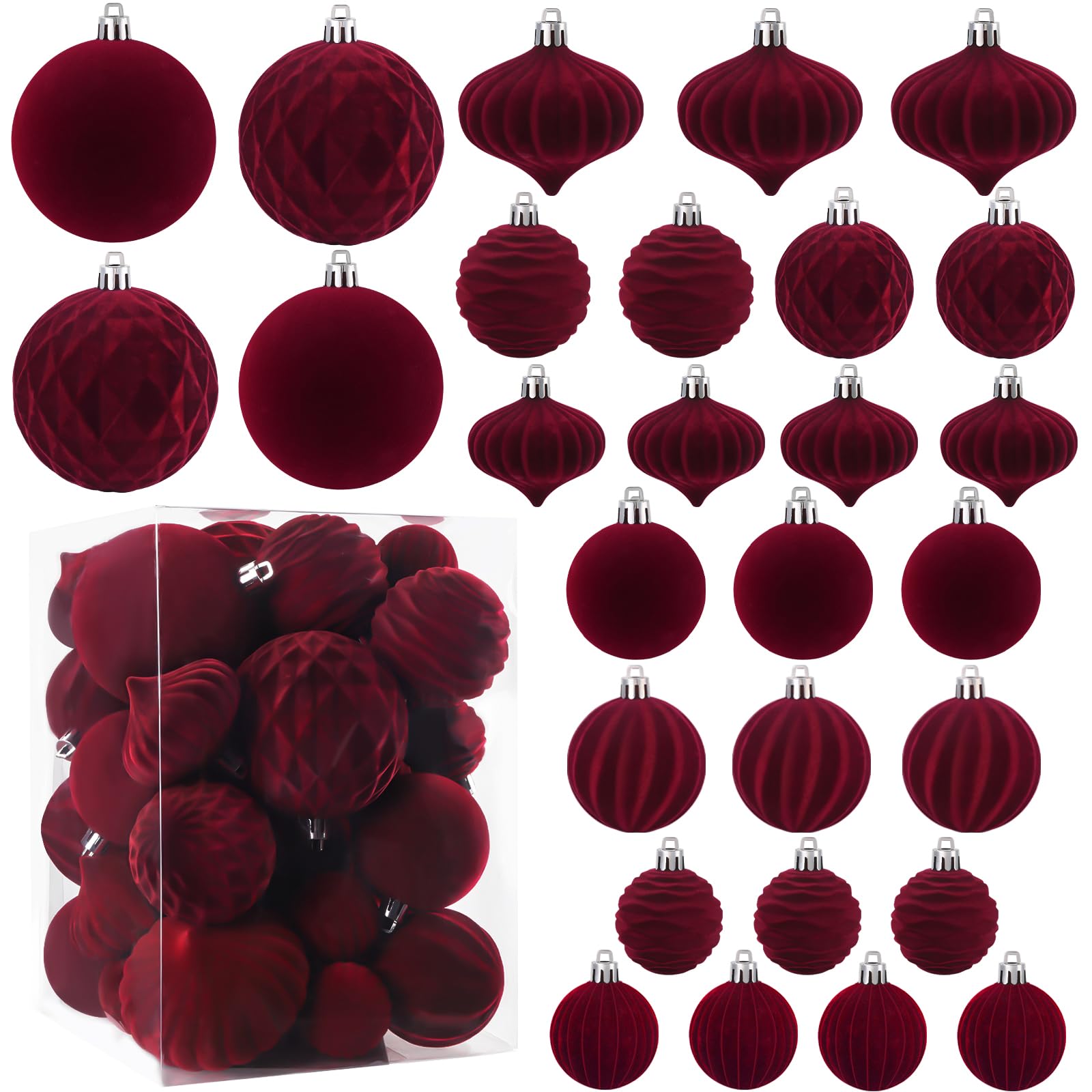 XIMISHOP Lot de 28 boules de Noël en velours, boules rouges floquées incassables pour décoration de Noël, boules suspendues pour décoration de sapin de Noël et de maison pour les fêtes