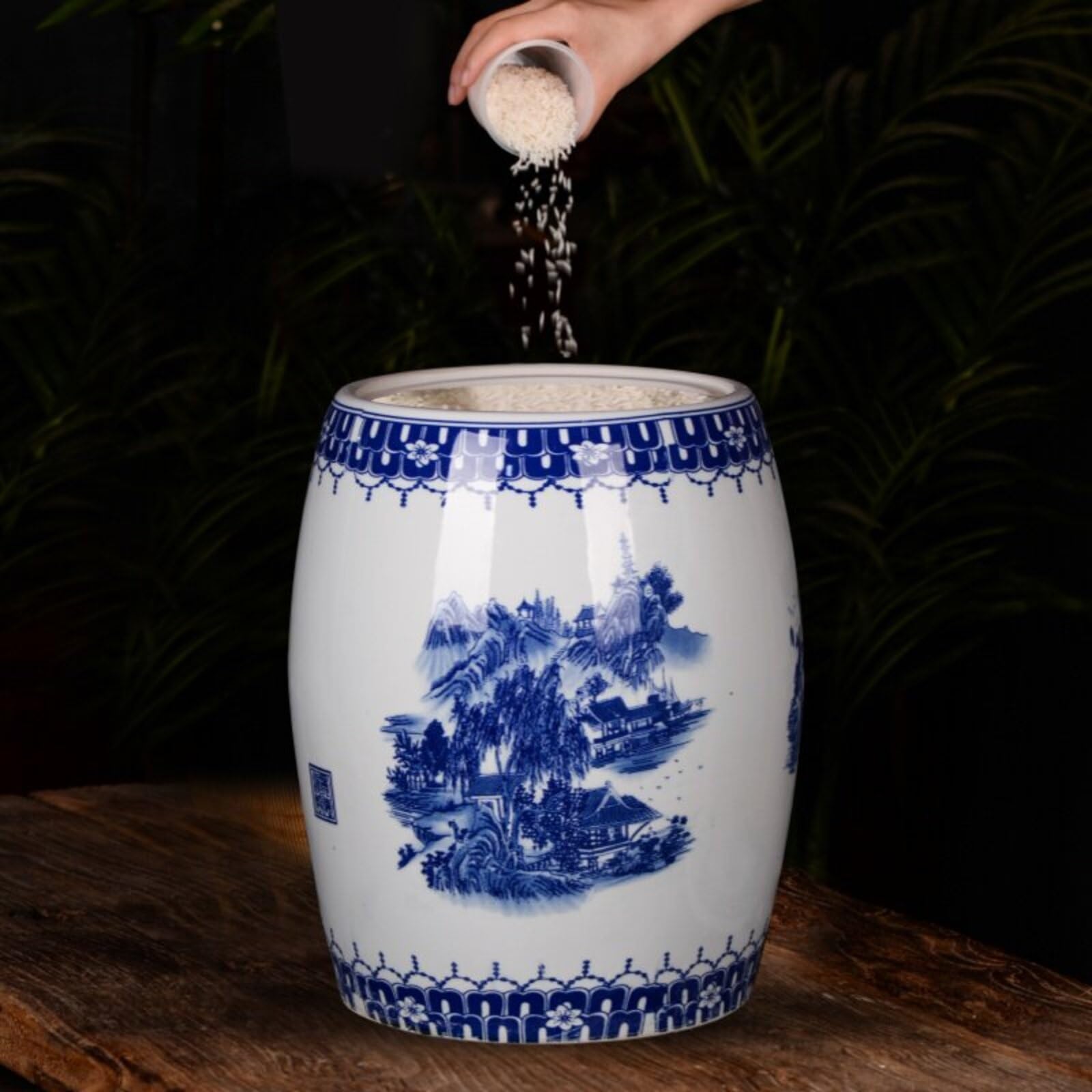 Porcelana Azul Y Blanca Tarro De Arroz De Cerámica Cubo De Arroz Hermético Con Tapa Dispensador De Granos De Arcilla De Caolín Regalo De Inauguración(D,15kg)