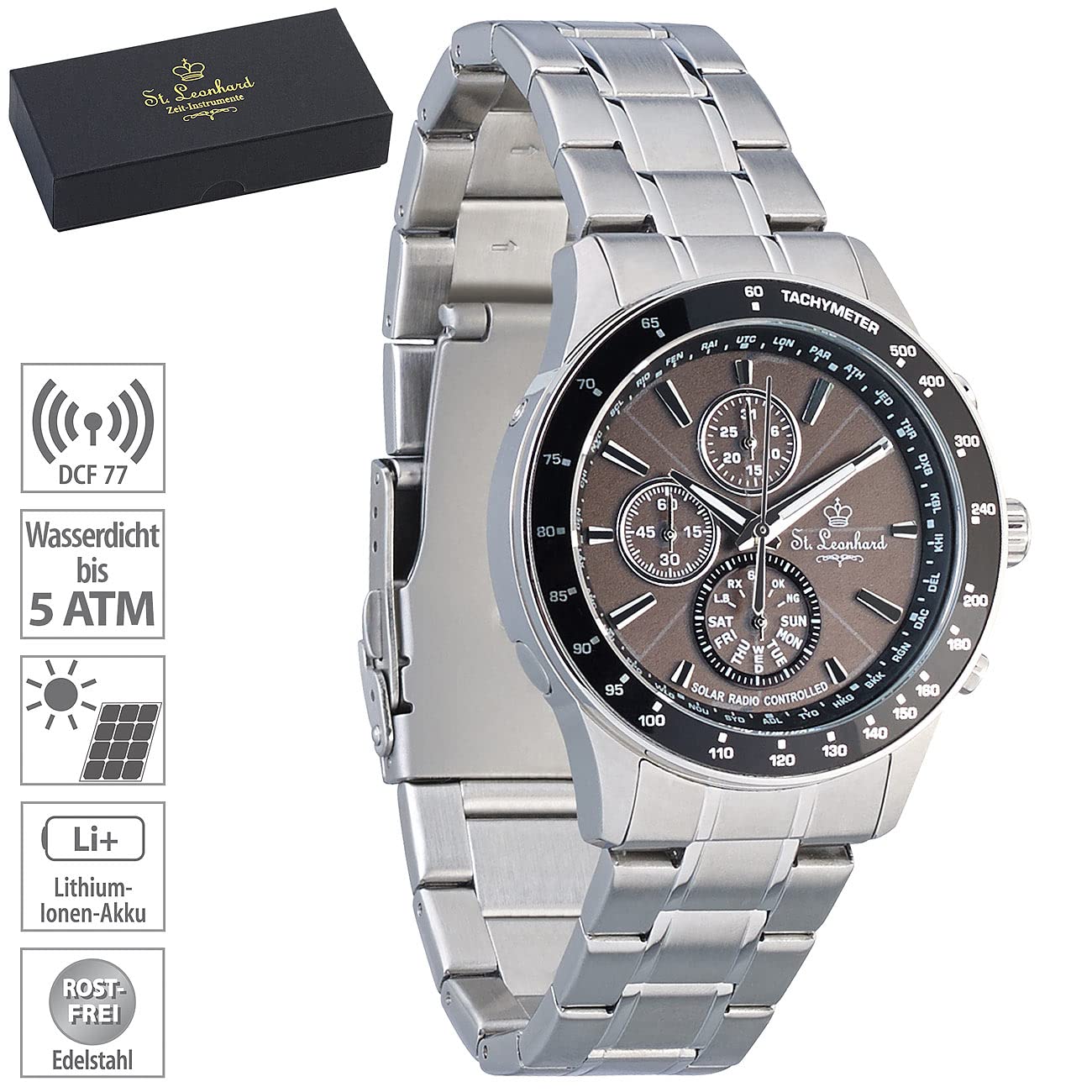 Orologio uomo radiocontrollato solare cronografo in acciaio inox 5 ATM ZX9001