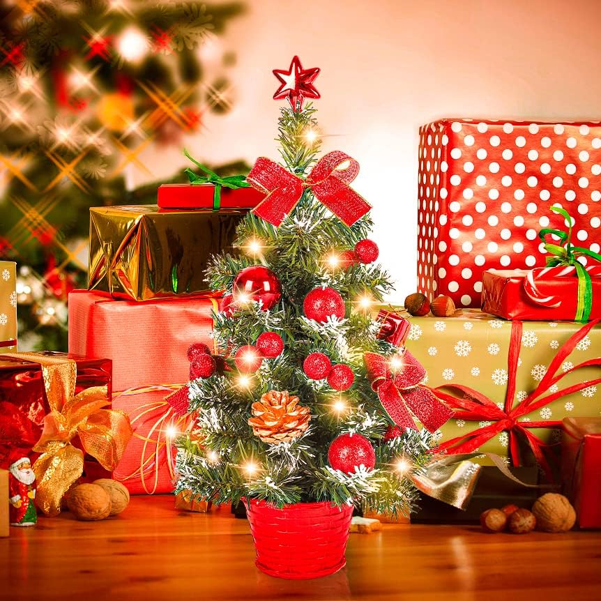 Mrinb Small Christmas Tree with Lights,Mini Desktop Decoration Tree for Home Office Shopping Bar(Red)