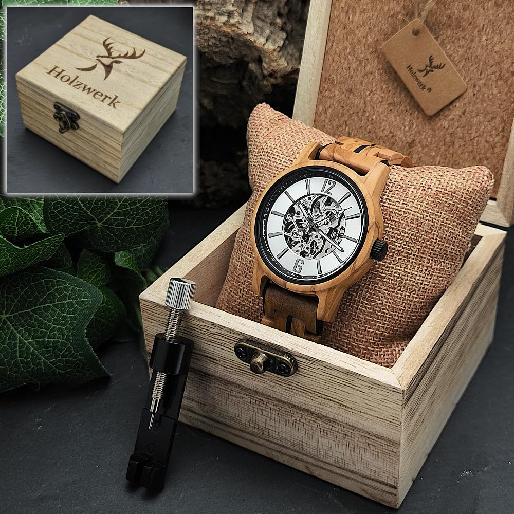 Holzwerk Germany Handgefertigte Automatik Herren-Uhr Öko Natur Holz-Uhr Holz Armband-Uhr Braun Blau Silber Analog