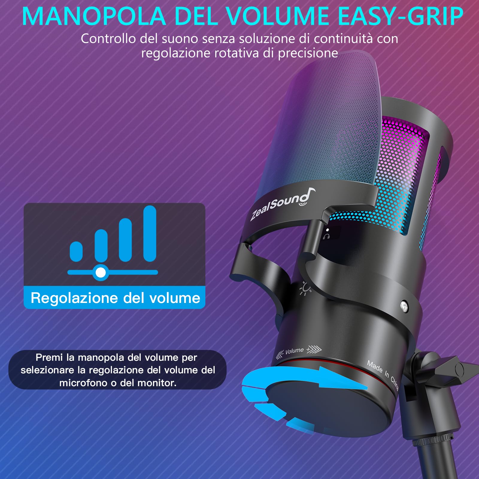 ZealSound Microfono USB gaming, microfono condensatore, microfono luce RGB, streaming, guadagno, monitoraggio per streaming, podcast, YouTube, Discord, *Phone, iPad, PC, computer, PS, Mac, GamerWave