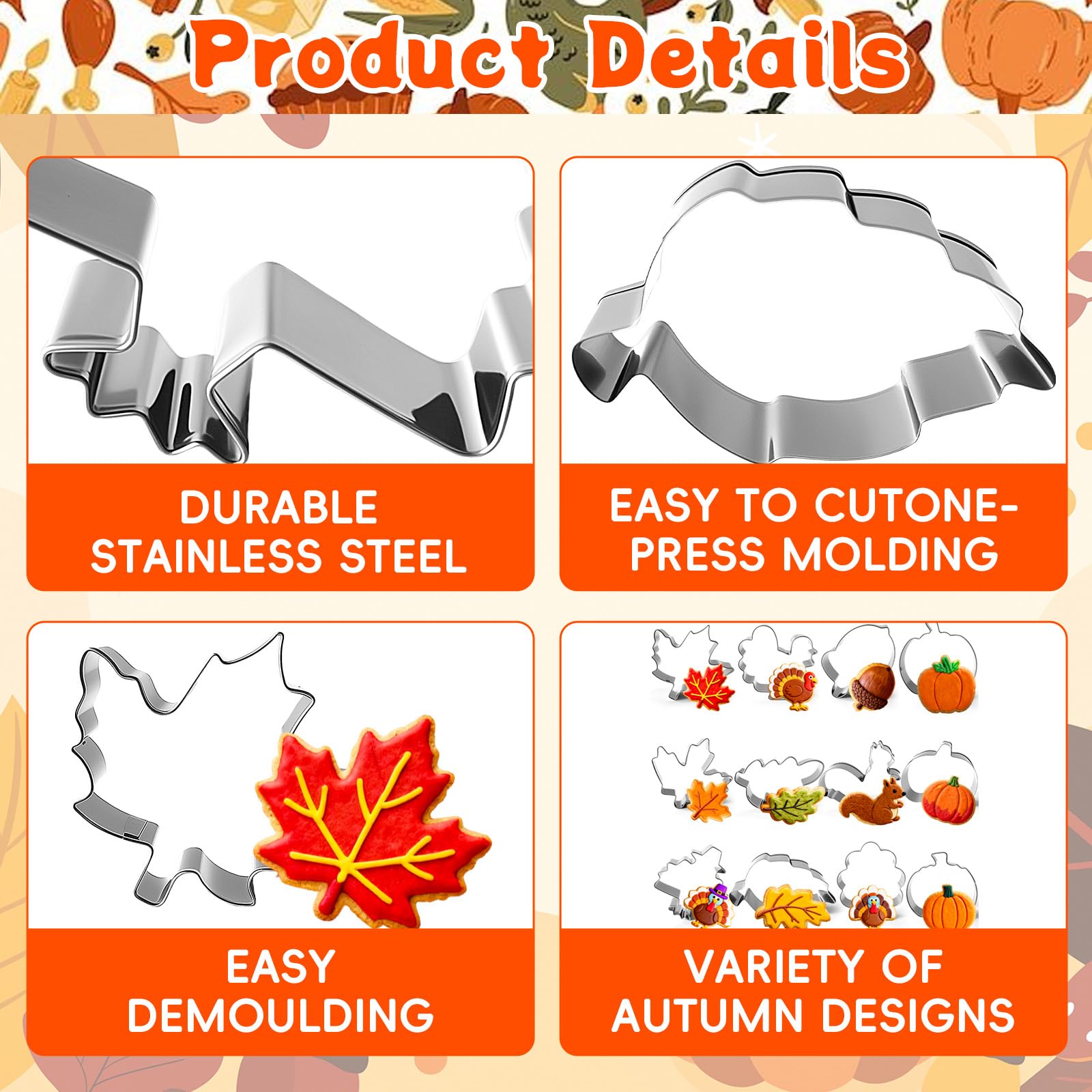 12 Pieces Thanksgiving Cookie Cutters Set, Mini Stainless Steel Cute Cookies Cutter Includes Pumpkin, Turkey, Maple, Oak Leaf - Image 3