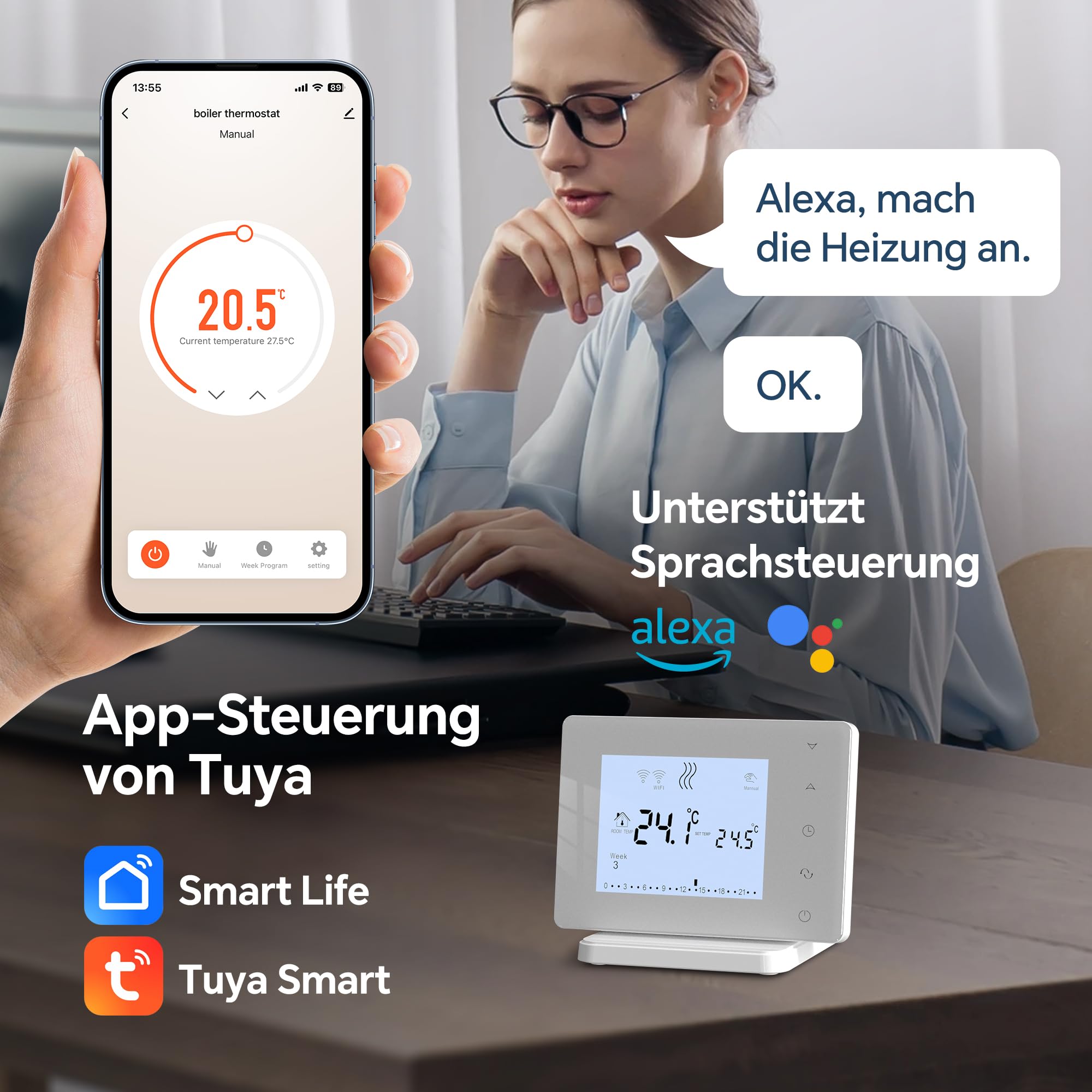 Beok Smart Thermostat für Wasser Fußbodenheizung und Gasheizkessel, RF und WiFi gesteuerter Raumthermostat, Wireless Programmierbarer Heizungsthermostat, Kompatibel mit Tuya APP Alexa Sprachsteuerung