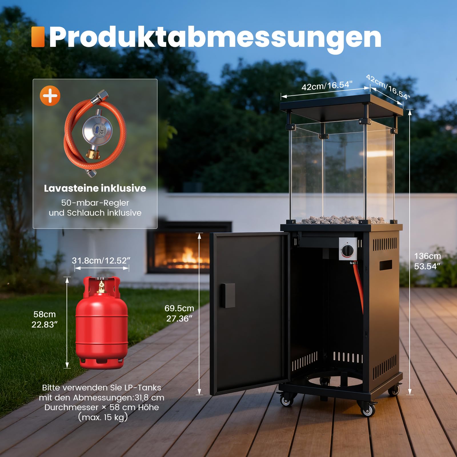 Sweetcrispy Heizstrahler Terrasse Gas 11 kW, Terrassenheizer, Propan Butan Gasheizstrahler, Mobiler Tragbarer Heizpilz, 360° Rollen Kippschutz, Gasheizung Gasheizer für Outdoor Garten, Schwarz