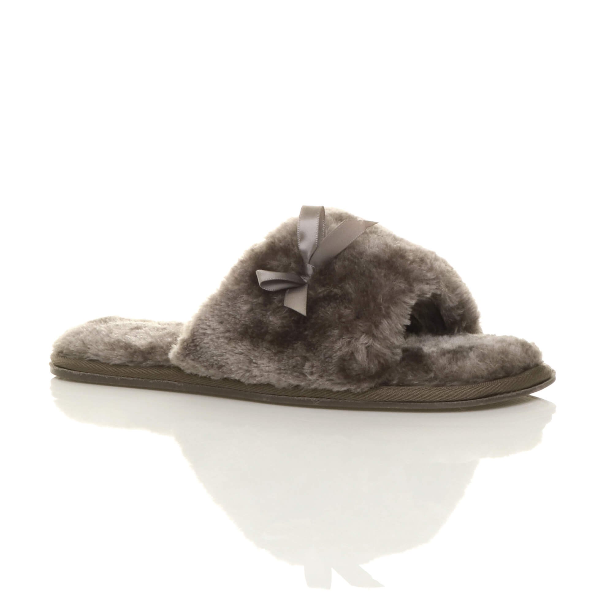 Womens Ladies Flat peep Toe Bow Cosy Faux Sheepskin Fur Slip on Slippers  Size