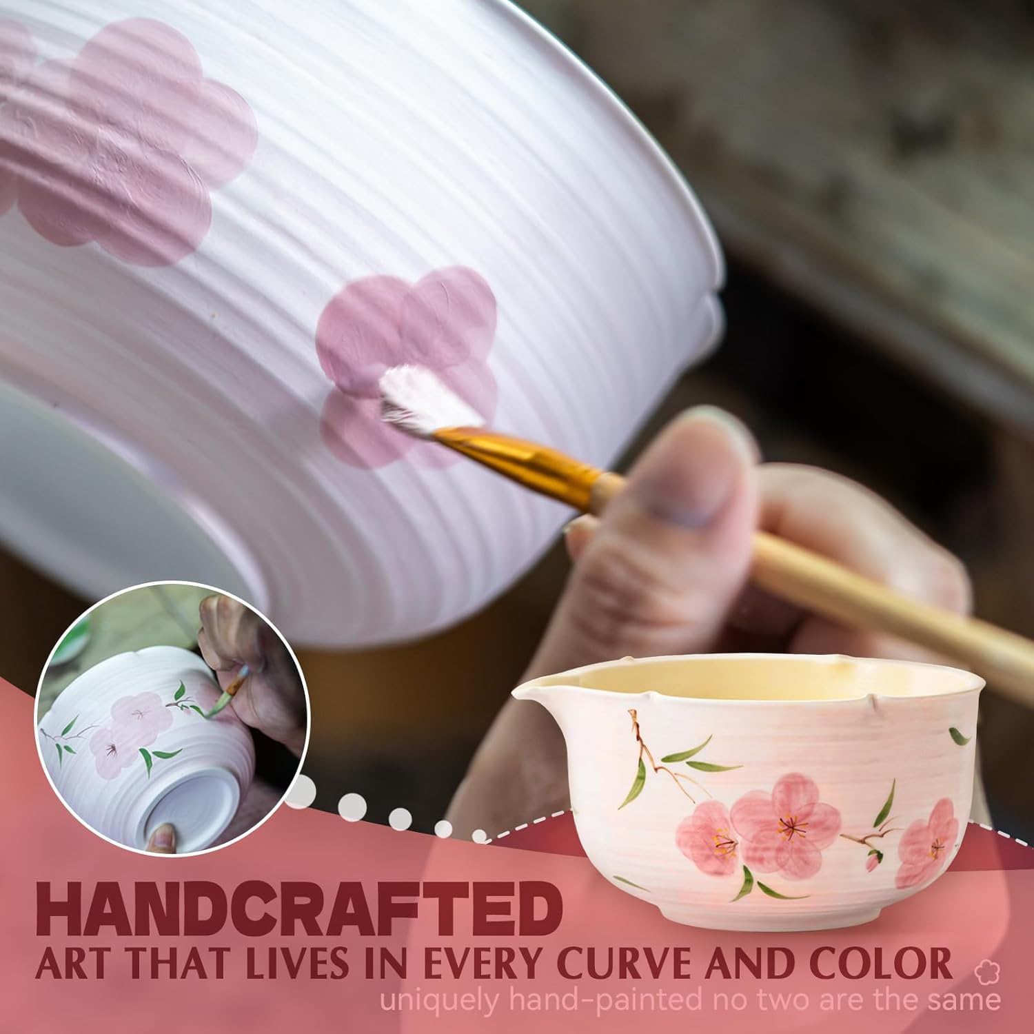 Matcha Whisk Set, 7Pcs Matcha Set with Hand-Painted Ceramic Matcha Bowl, Matcha Whisk and Holder, Scoop and Rest, Sifter, Tea Towel, Artisan Matcha Kit for Ceremony & Gifting (Pink) - Image 4