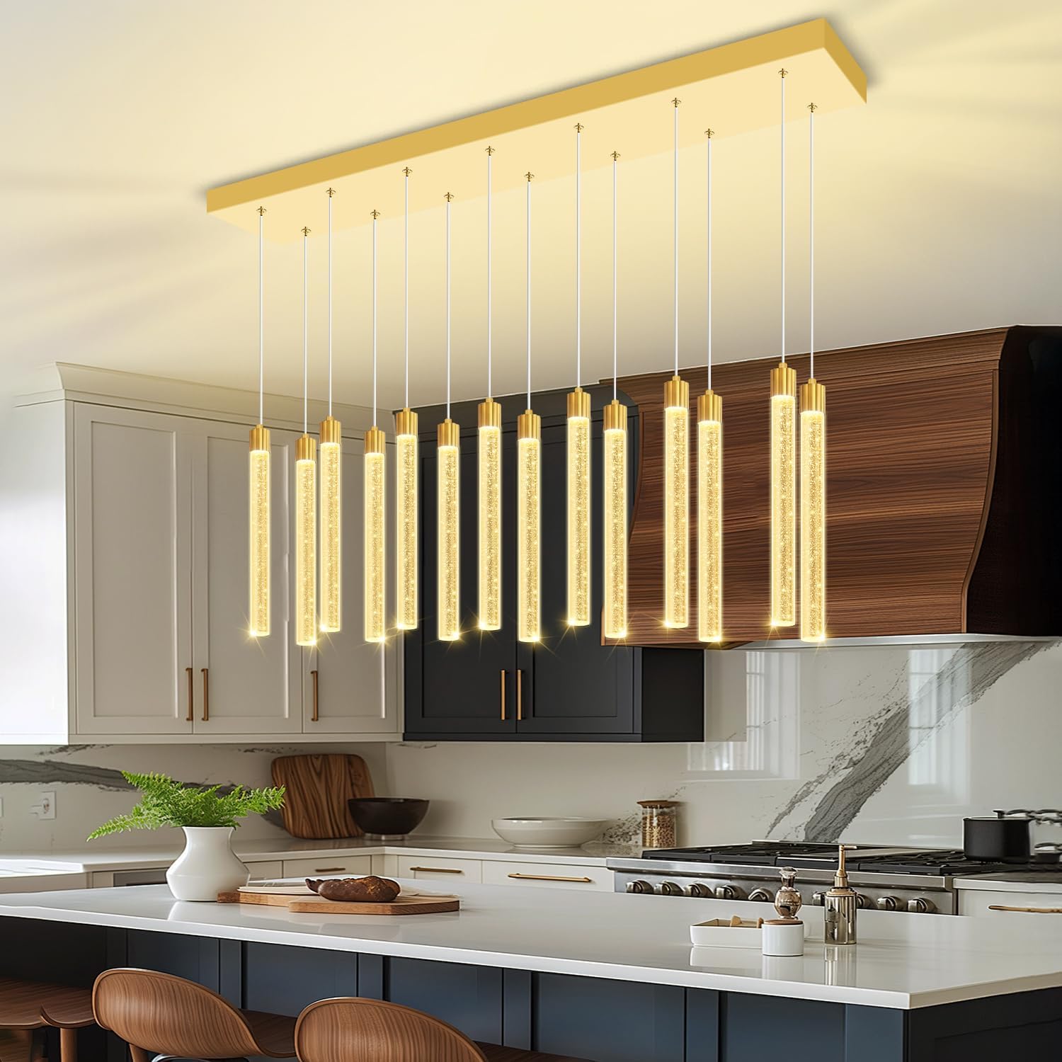 Modern Rectangular Crystal Chandelier for Dining Room LED Dimmable Crystal Column Pendant Light for Kitchen Island Entrance Foyer Living Room Adjustable Height 14-Lights Gold