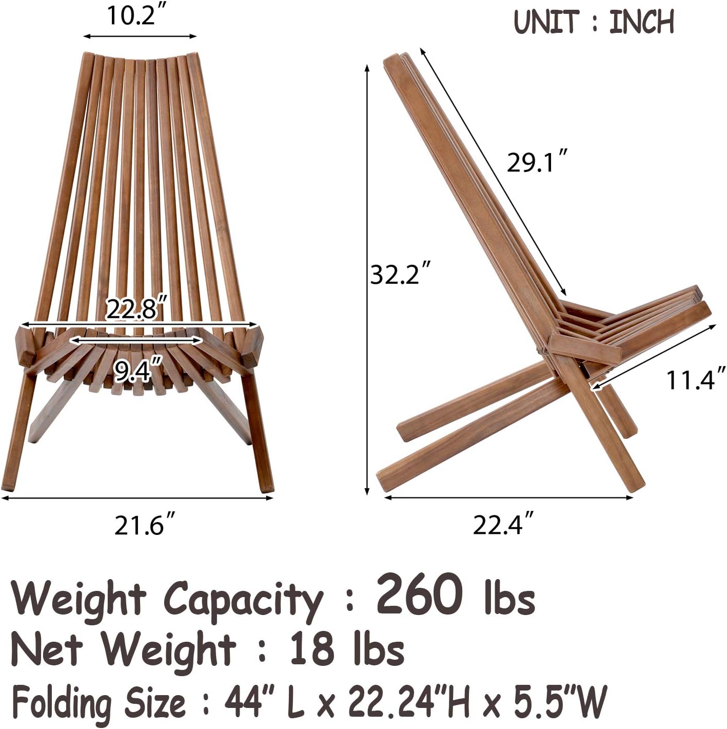Folding Garden Lounge Chairs Set of 2, Solid Acacia Wood Low Profile Lounge Chair for Indoor Outdoor Handcrafted Patio Seating Beach Yard Balcony Furniture Fire Pit Chair, 2 Packs
