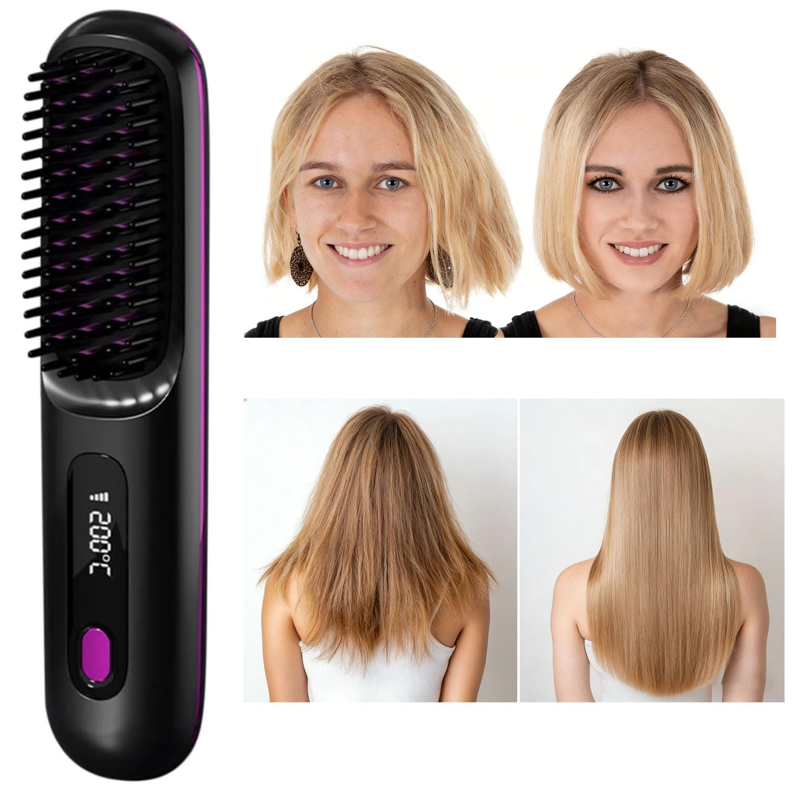 Stylingbürste,Stylingbürste Für Kurze Haare,Glättbürste Kabellos mit LED-Anzeige, Haarbürste Elektrisch, 3 Temperaturstufen, für Glattes, Lockiges und Trockenes Haar,Präzises Styling
