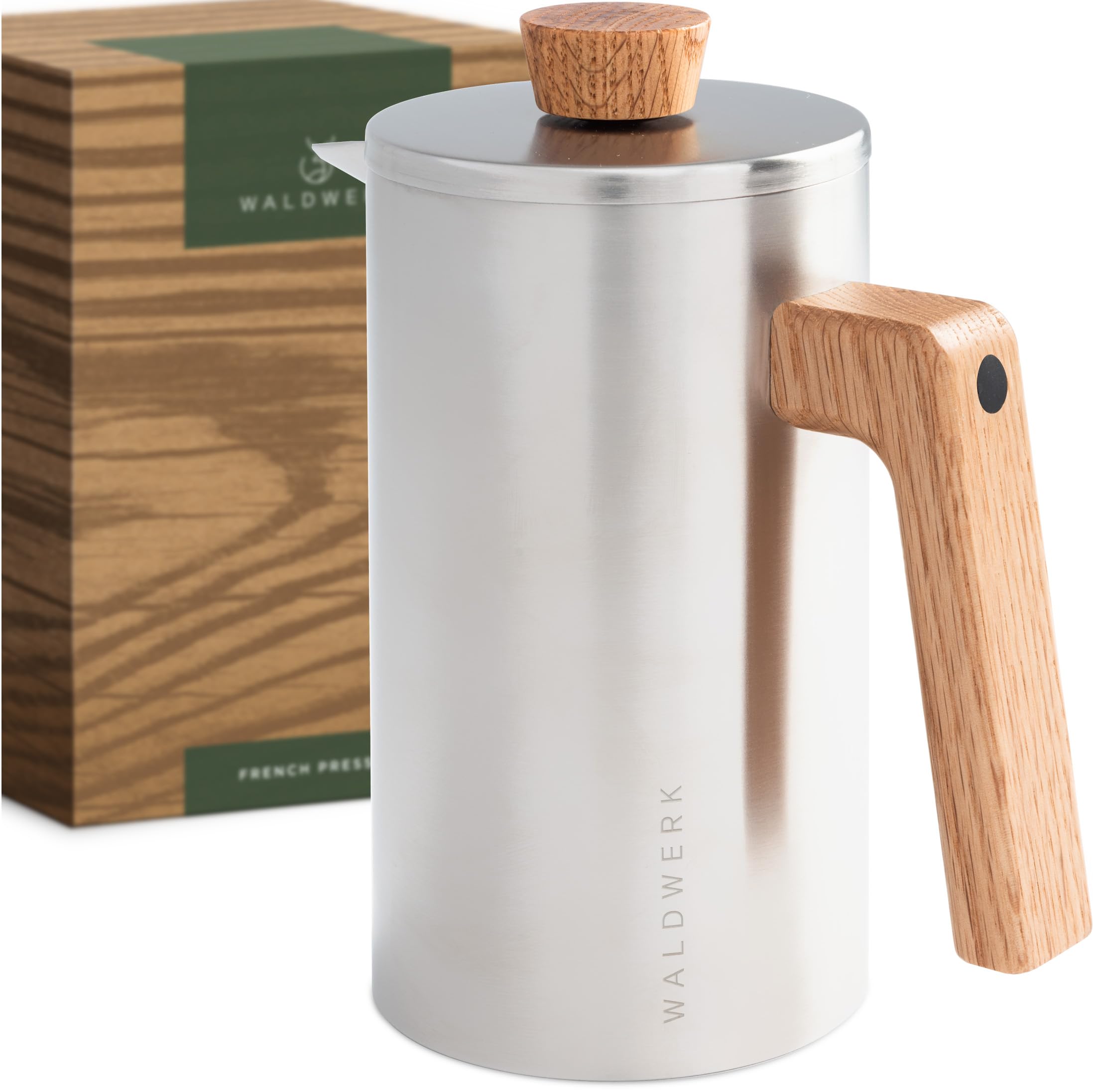 WALDWERK French Press (1L) - Cafetera francesa de acero inoxidable de doble pared con mango de madera de roble - Cafeteras de émbolo - Prensa francesa sin plástico - Cafetera manual