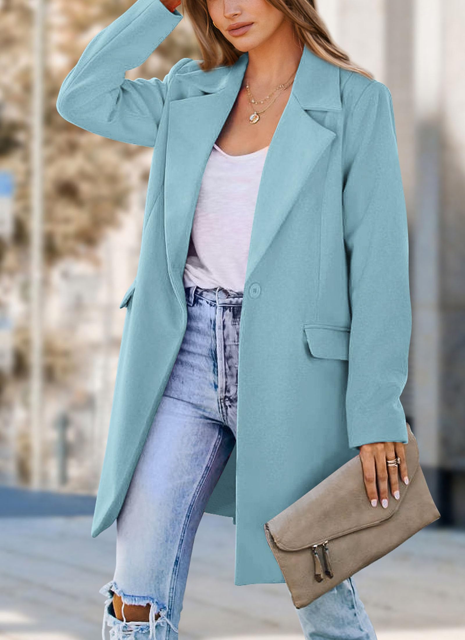 PRETTYGARDEN Women's Business Casual Long Blazer Jackets(Sky Blue,S) view 7