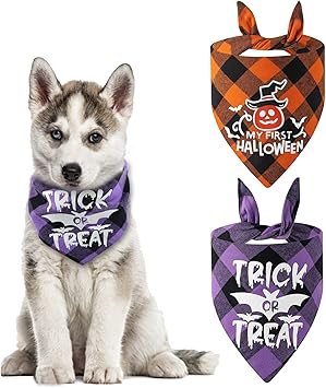 Amazon Hacraho ハロウィンドッグバンダナ 2個 マイ ファースト ハロウィン ドッグ バンダナ トリック オア トリート 犬用トライアングルバンダナスカーフ 暗闇で光るパンプキン柄 犬猫用 Hacraho バンダナ 通販